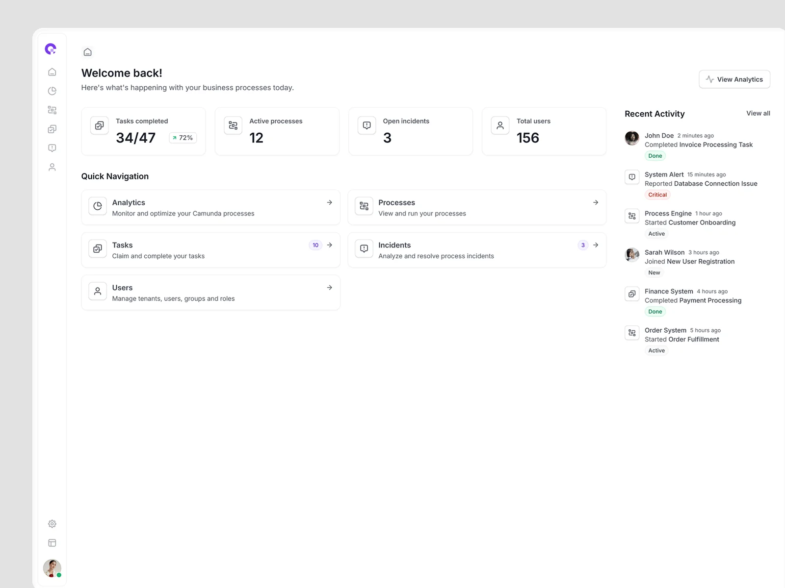 CAMUNDA Platform Home Dashboard - Business Process Management Interface