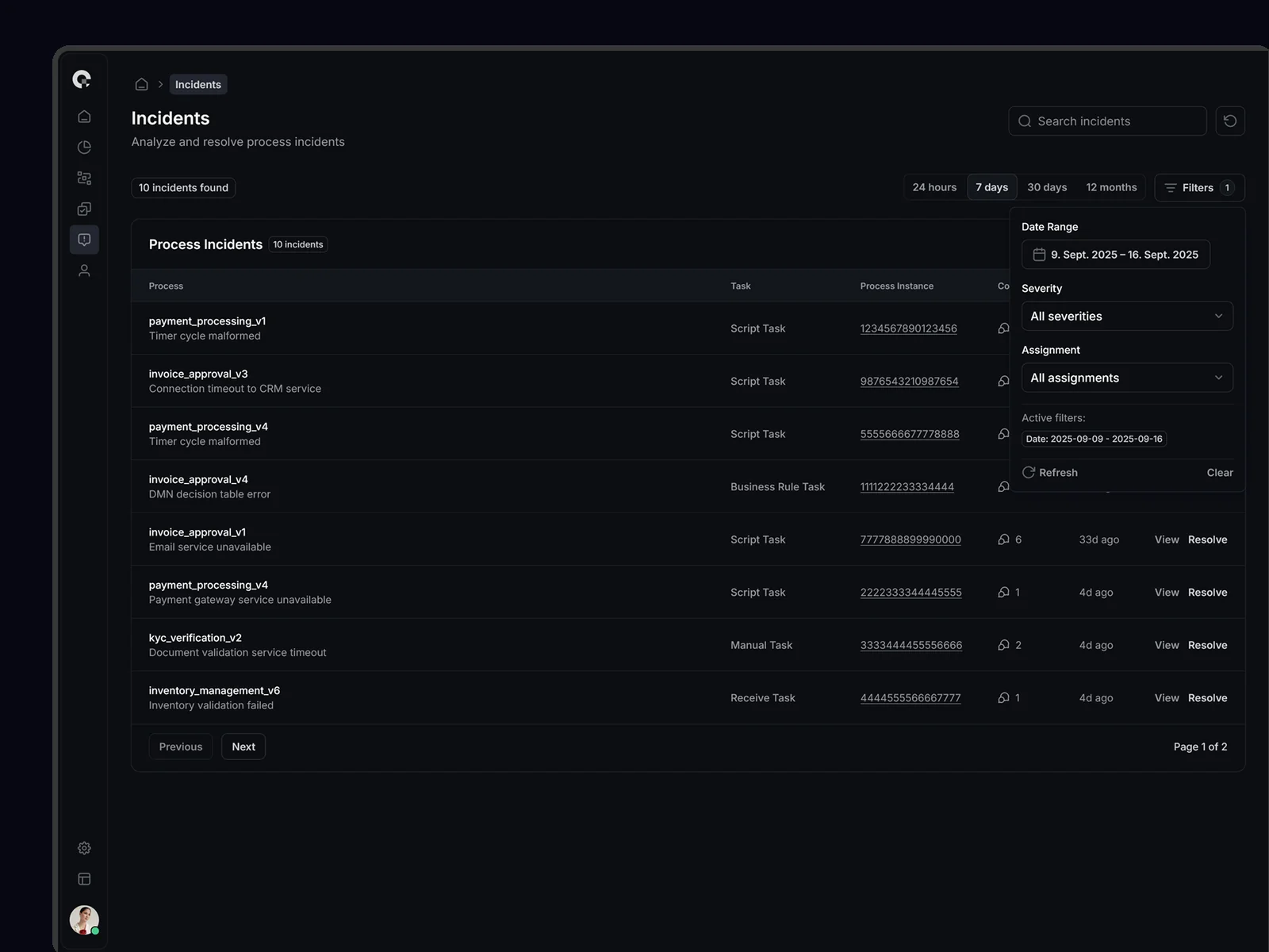 CAMUNDA Incident Management Dashboard - Process Error Tracking