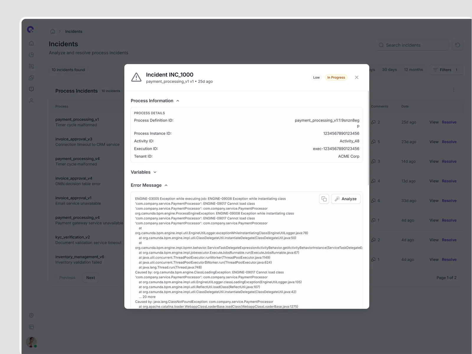 CAMUNDA Detailed Incident Analysis - Process Error Investigation