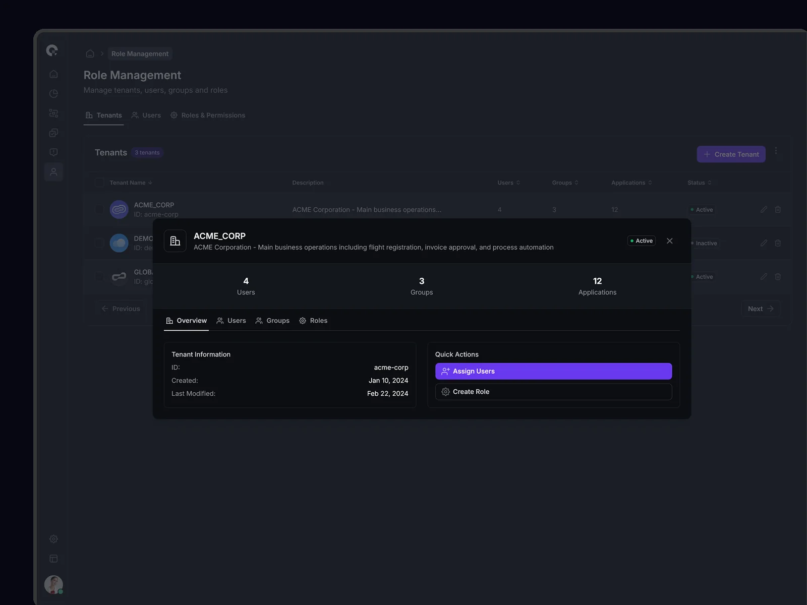 CAMUNDA Tenant Detail Overview - Multi-Tenant Management Interface