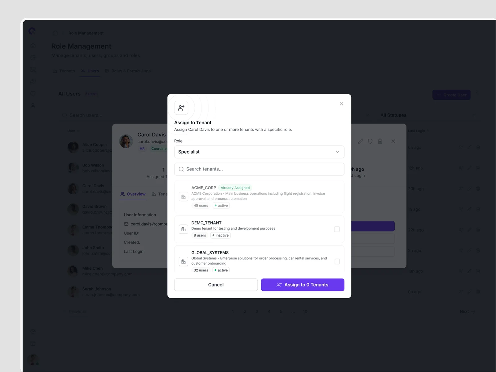 CAMUNDA User Detail Tenant Assignment - Multi-Tenant User Management